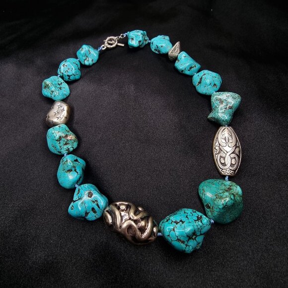 Chunky Turquoise & Silver Beaded Necklace With Toggle Clasp - Picture 1 of 5